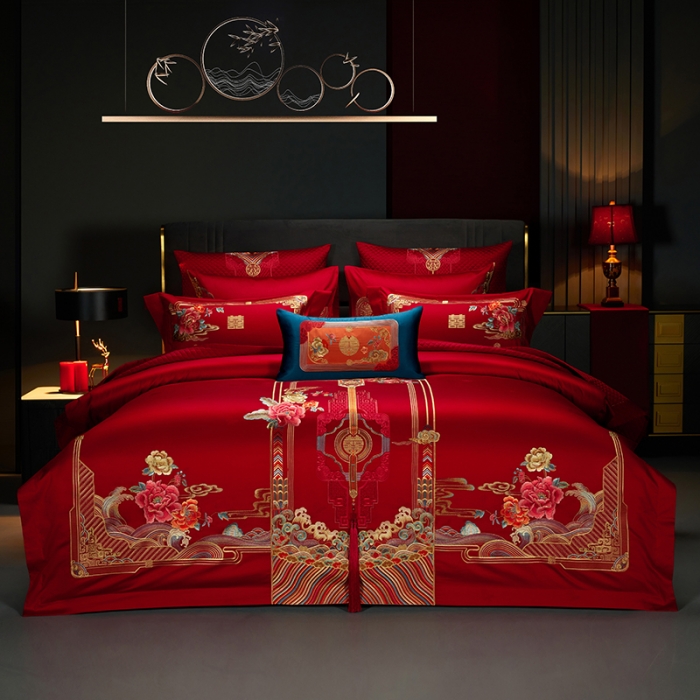 91家纺网 家纺一手货源 找家纺 缔缦 2023新款100s全棉长绒棉刺绣四件套婚庆 幸福婚礼（彩）