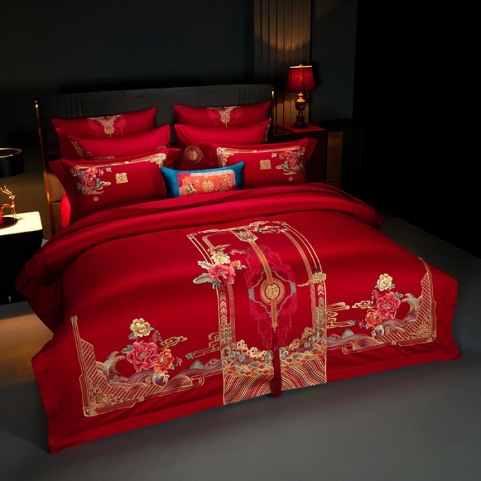 91家纺网 家纺一手货源 找家纺 缔缦 2023新款100s全棉长绒棉刺绣四件套婚庆 幸福婚礼（彩）