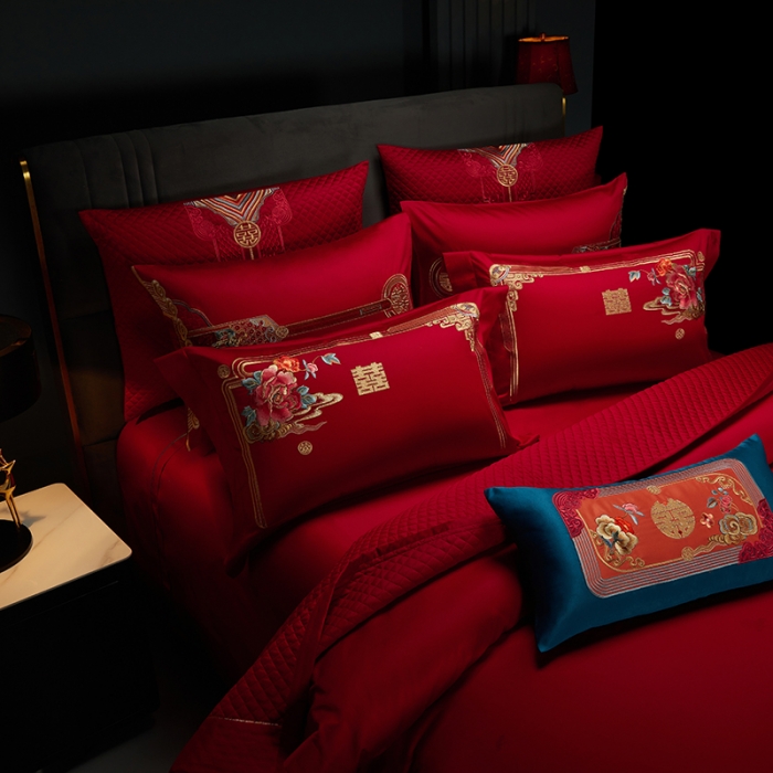 91家纺网 家纺一手货源 找家纺 缔缦 2023新款100s全棉长绒棉刺绣四件套婚庆 幸福婚礼（彩）