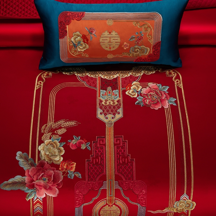 91家纺网 家纺一手货源 找家纺 缔缦 2023新款100s全棉长绒棉刺绣四件套婚庆 幸福婚礼（彩）