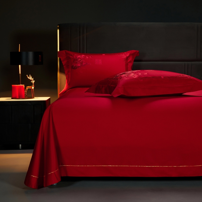 91家纺网 家纺一手货源 找家纺 缔缦 2023新款100s全棉长绒棉刺绣四件套婚庆 幸福婚礼（红）