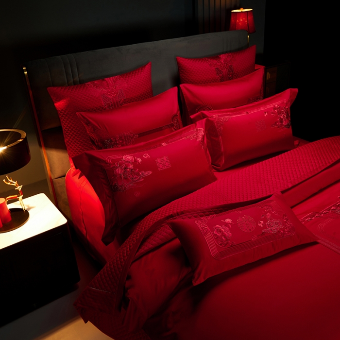 91家纺网 家纺一手货源 找家纺 缔缦 2023新款100s全棉长绒棉刺绣四件套婚庆 幸福婚礼（红）