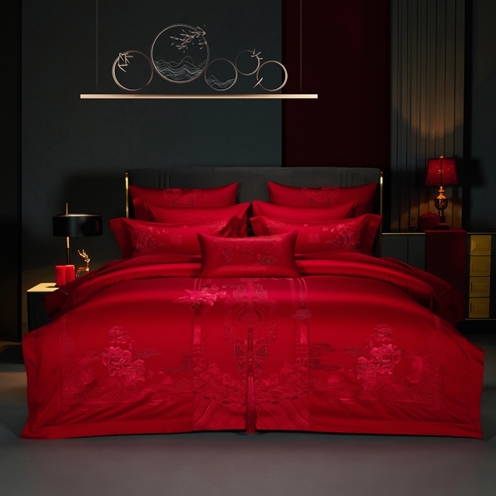 91家纺网 家纺一手货源 找家纺 缔缦 2023新款100s全棉长绒棉刺绣四件套婚庆 幸福婚礼（红）