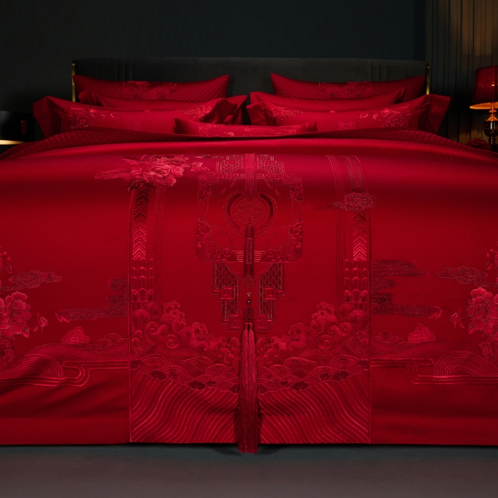91家纺网 家纺一手货源 找家纺 缔缦 2023新款100s全棉长绒棉刺绣四件套婚庆 幸福婚礼（红）