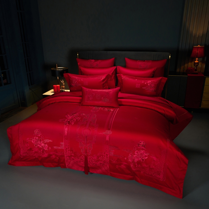 91家纺网 家纺一手货源 找家纺 缔缦 2023新款100s全棉长绒棉刺绣四件套婚庆 幸福婚礼（红）