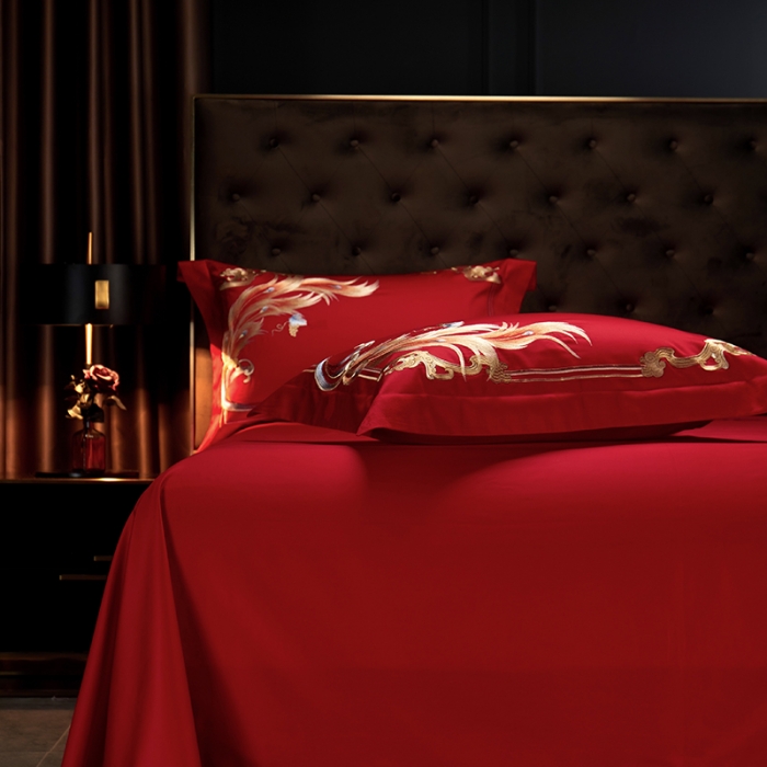 91家纺网 家纺一手货源 找家纺 缔缦 2023新款100s全棉长绒棉刺绣四件套婚庆 龙凤牡丹