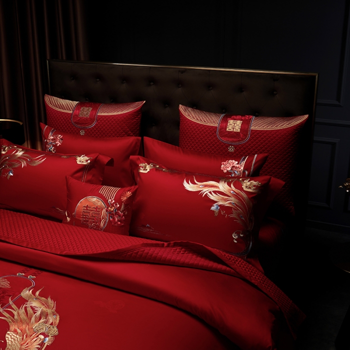 91家纺网 家纺一手货源 找家纺 缔缦 2023新款100s全棉长绒棉刺绣四件套婚庆 龙凤牡丹