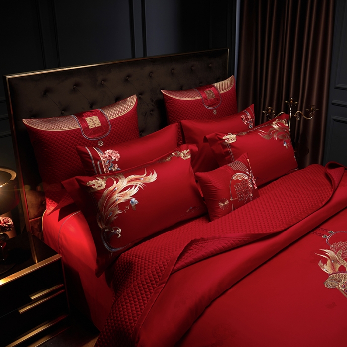 91家纺网 家纺一手货源 找家纺 缔缦 2023新款100s全棉长绒棉刺绣四件套婚庆 龙凤牡丹