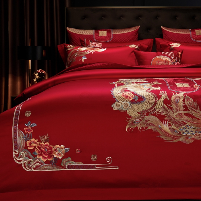 91家纺网 家纺一手货源 找家纺 缔缦 2023新款100s全棉长绒棉刺绣四件套婚庆 龙凤牡丹