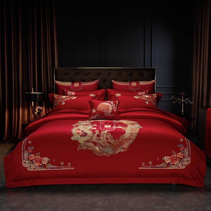 91家纺网 家纺一手货源 找家纺 缔缦 2023新款100s全棉长绒棉刺绣四件套婚庆 龙凤牡丹