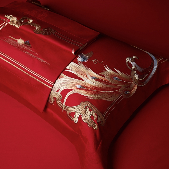 91家纺网 家纺一手货源 找家纺 缔缦 2023新款100s全棉长绒棉刺绣四件套婚庆 龙凤牡丹