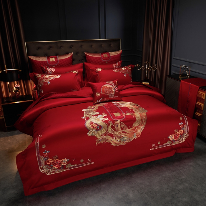 91家纺网 家纺一手货源 找家纺 缔缦 2023新款100s全棉长绒棉刺绣四件套婚庆 龙凤牡丹