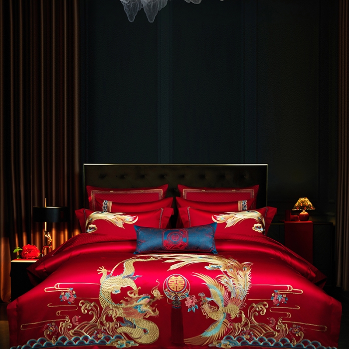 91家纺网 家纺一手货源 找家纺 缔缦 2023新款100s全棉长绒棉刺绣四件套婚庆 龙凤成双