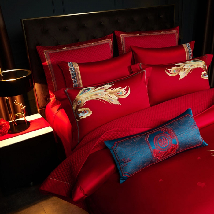 91家纺网 家纺一手货源 找家纺 缔缦 2023新款100s全棉长绒棉刺绣四件套婚庆 龙凤成双