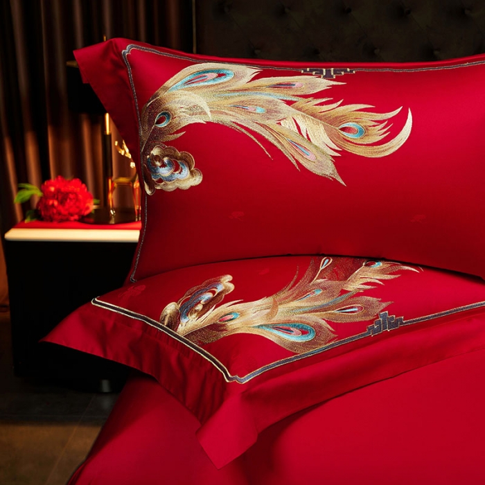 91家纺网 家纺一手货源 找家纺 缔缦 2023新款100s全棉长绒棉刺绣四件套婚庆 龙凤成双