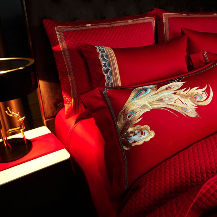 91家纺网 家纺一手货源 找家纺 缔缦 2023新款100s全棉长绒棉刺绣四件套婚庆 龙凤成双