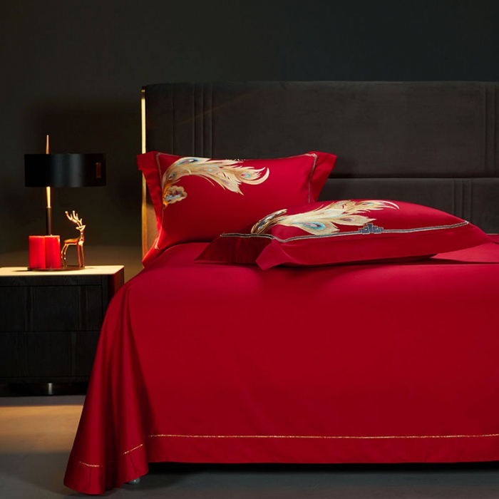 91家纺网 家纺一手货源 找家纺 缔缦 2023新款100s全棉长绒棉刺绣四件套婚庆 龙凤成双