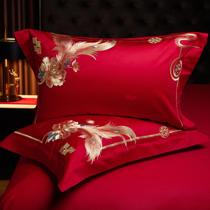 91家纺网 家纺一手货源 找家纺 缔缦 2023新款100s全棉长绒棉刺绣四件套婚庆 大喜之日