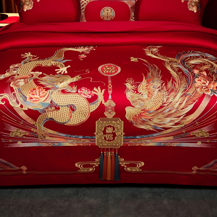 91家纺网 家纺一手货源 找家纺 缔缦 2023新款100s全棉长绒棉刺绣四件套婚庆 大喜之日