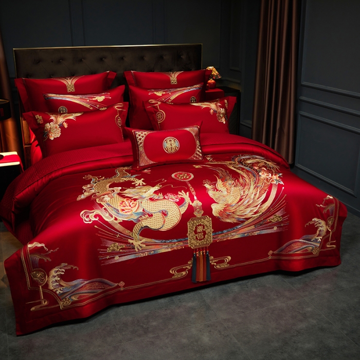 91家纺网 家纺一手货源 找家纺 缔缦 2023新款100s全棉长绒棉刺绣四件套婚庆 大喜之日