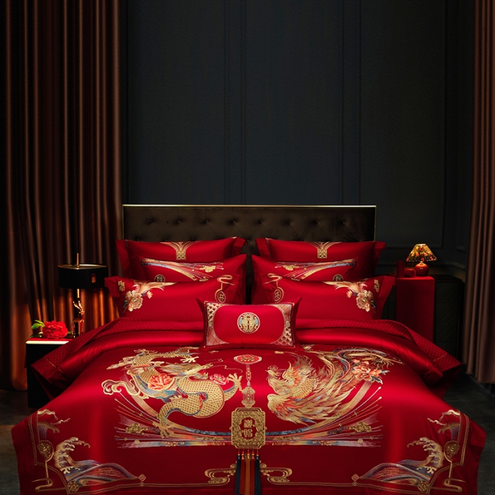 91家纺网 家纺一手货源 找家纺 缔缦 2023新款100s全棉长绒棉刺绣四件套婚庆 大喜之日