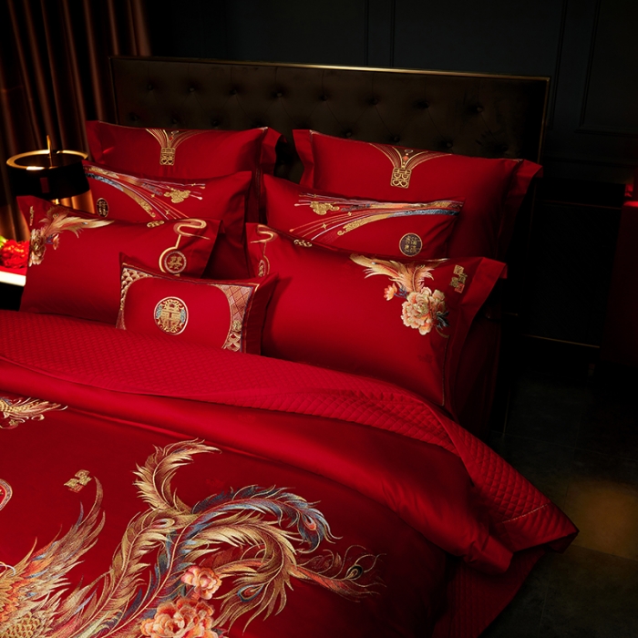 91家纺网 家纺一手货源 找家纺 缔缦 2023新款100s全棉长绒棉刺绣四件套婚庆 大喜之日