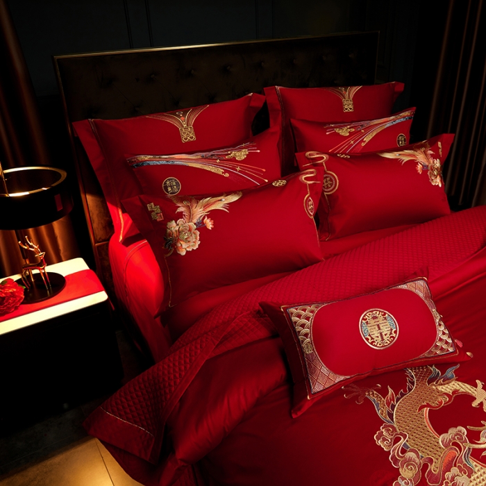 91家纺网 家纺一手货源 找家纺 缔缦 2023新款100s全棉长绒棉刺绣四件套婚庆 大喜之日