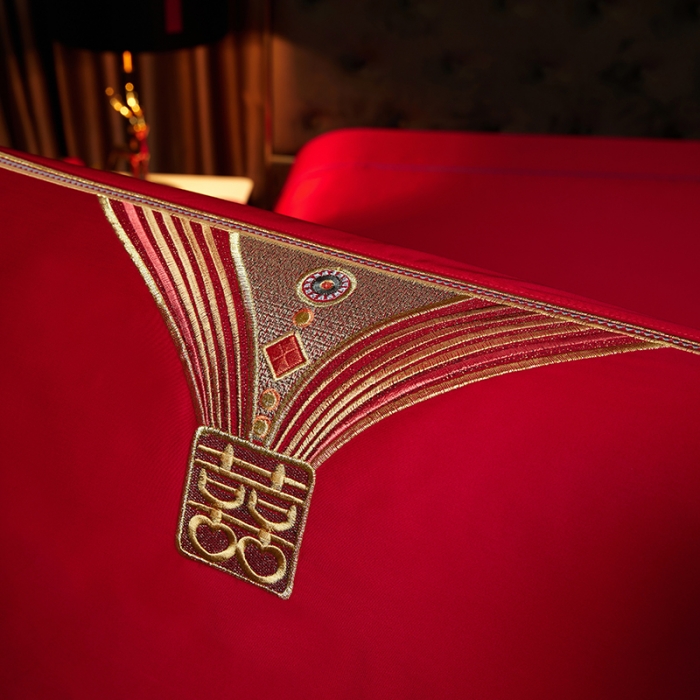 91家纺网 家纺一手货源 找家纺 缔缦 2023新款100s全棉长绒棉刺绣四件套婚庆 大喜之日