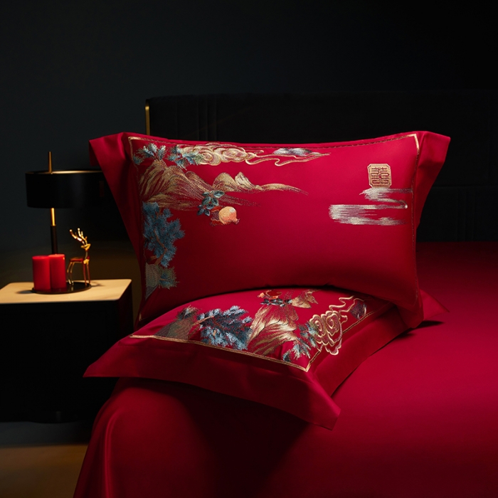 91家纺网 家纺一手货源 找家纺 缔缦 2023新款100s全棉长绒棉刺绣四件套婚庆 爱的盛宴