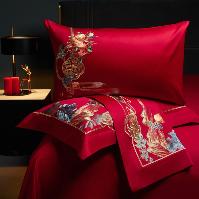 91家纺网 家纺一手货源 找家纺 缔缦 2023新款100s全棉长绒棉刺绣四件套婚庆 爱的盛宴