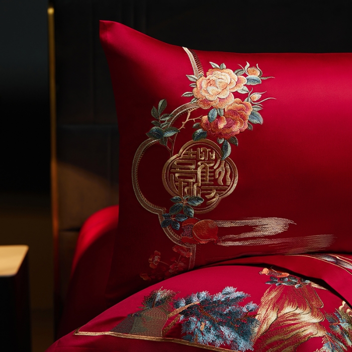 91家纺网 家纺一手货源 找家纺 缔缦 2023新款100s全棉长绒棉刺绣四件套婚庆 爱的盛宴