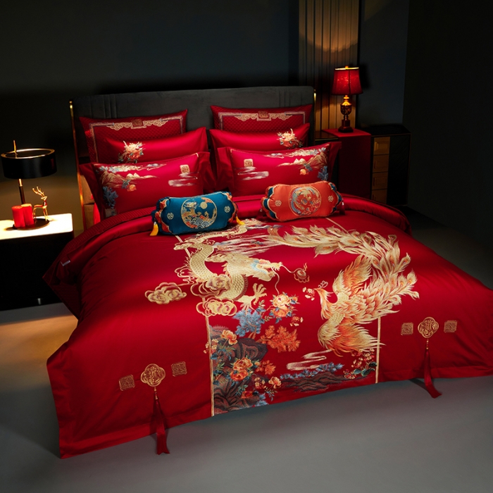 91家纺网 家纺一手货源 找家纺 缔缦 2023新款100s全棉长绒棉刺绣四件套婚庆 爱的盛宴