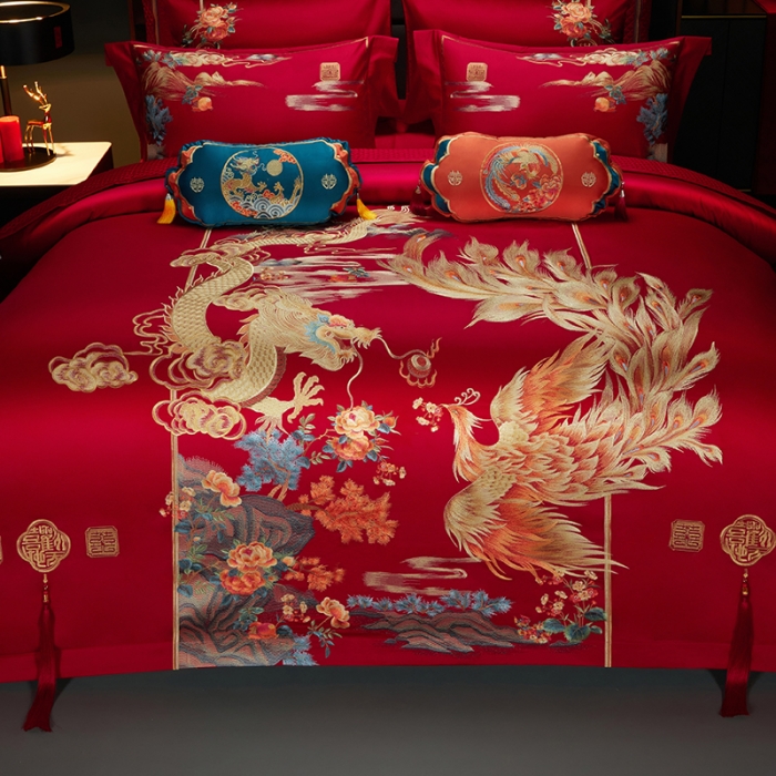 91家纺网 家纺一手货源 找家纺 缔缦 2023新款100s全棉长绒棉刺绣四件套婚庆 爱的盛宴