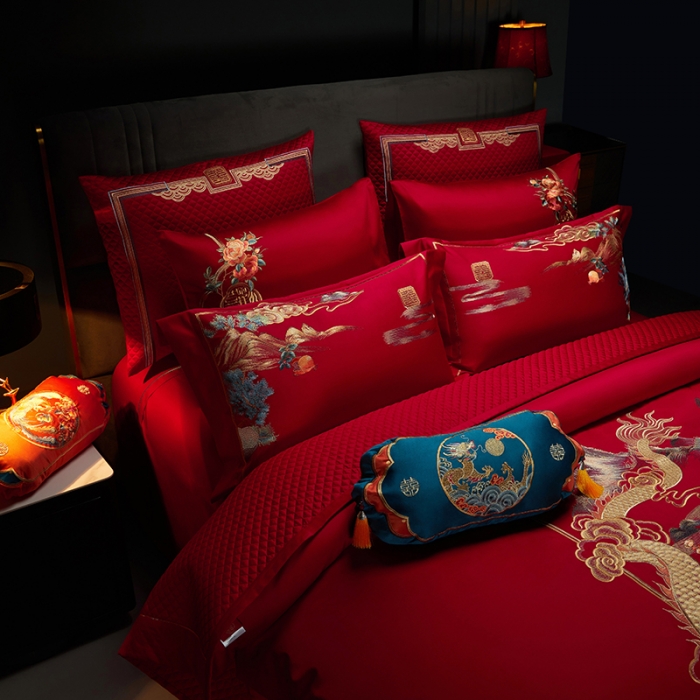 91家纺网 家纺一手货源 找家纺 缔缦 2023新款100s全棉长绒棉刺绣四件套婚庆 爱的盛宴