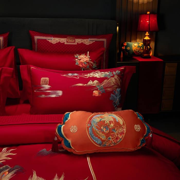 91家纺网 家纺一手货源 找家纺 缔缦 2023新款100s全棉长绒棉刺绣四件套婚庆 爱的盛宴