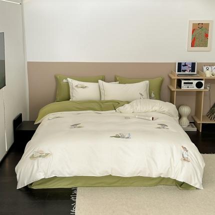 91家纺网 家纺一手货源 找家纺 初拾 2023新款全棉大雁纹年轻系列四件套—沙滩鸭 沙滩鸭-白