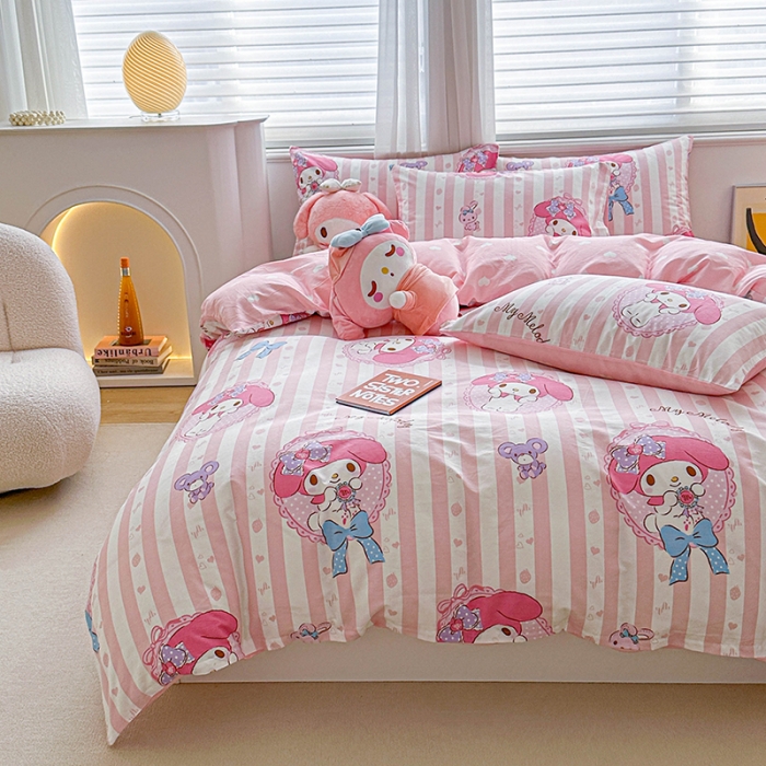 91家纺网 家纺一手货源 找家纺 爱丽丝 2024新款KT猫 三丽鸥全棉四件套套件系列 甜甜美乐蒂