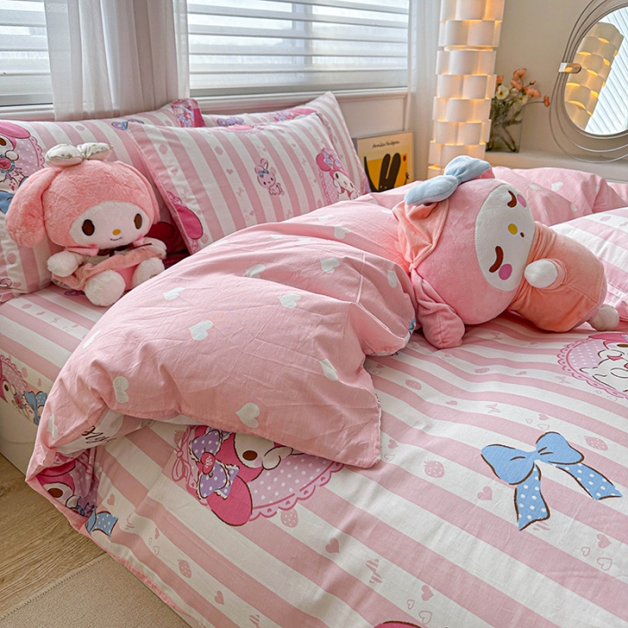 91家纺网 家纺一手货源 找家纺 爱丽丝 2024新款KT猫 三丽鸥全棉四件套套件系列 甜甜美乐蒂