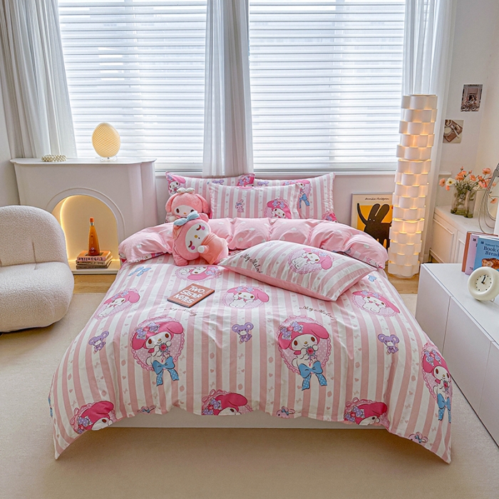 91家纺网 家纺一手货源 找家纺 爱丽丝 2024新款KT猫 三丽鸥全棉四件套套件系列 甜甜美乐蒂