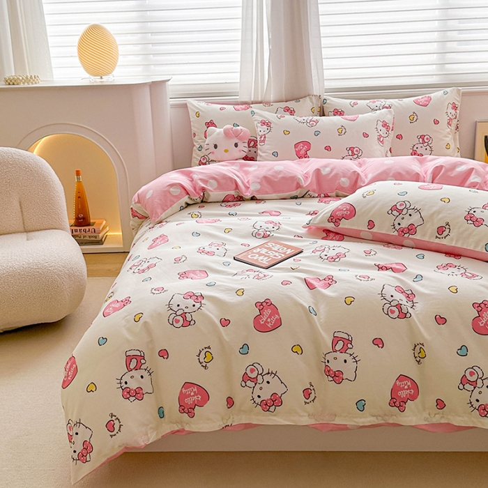 91家纺网 家纺一手货源 找家纺 爱丽丝 2024新款KT猫 三丽鸥全棉四件套套件系列 公主凯蒂