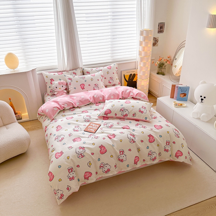 91家纺网 家纺一手货源 找家纺 爱丽丝 2024新款KT猫 三丽鸥全棉四件套套件系列 公主凯蒂