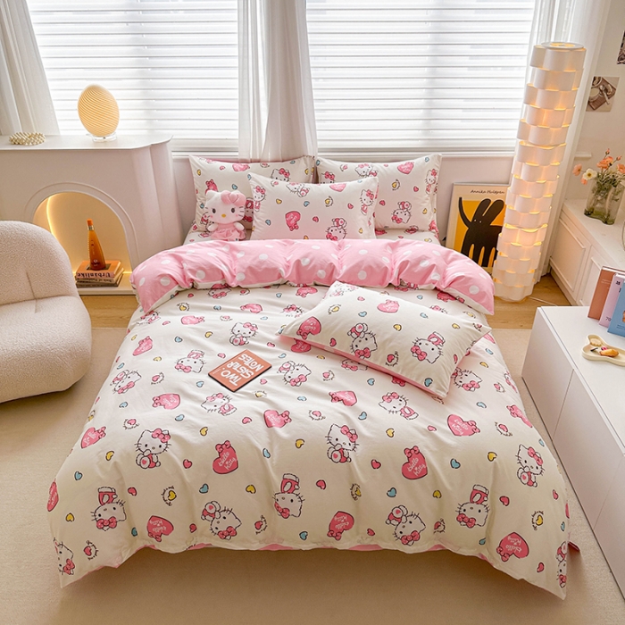 91家纺网 家纺一手货源 找家纺 爱丽丝 2024新款KT猫 三丽鸥全棉四件套套件系列 公主凯蒂