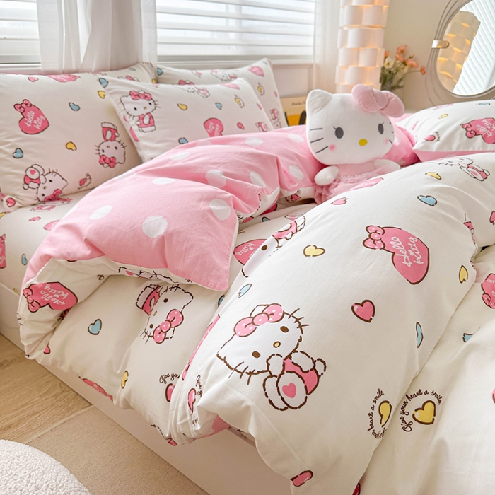 91家纺网 家纺一手货源 找家纺 爱丽丝 2024新款KT猫 三丽鸥全棉四件套套件系列 公主凯蒂