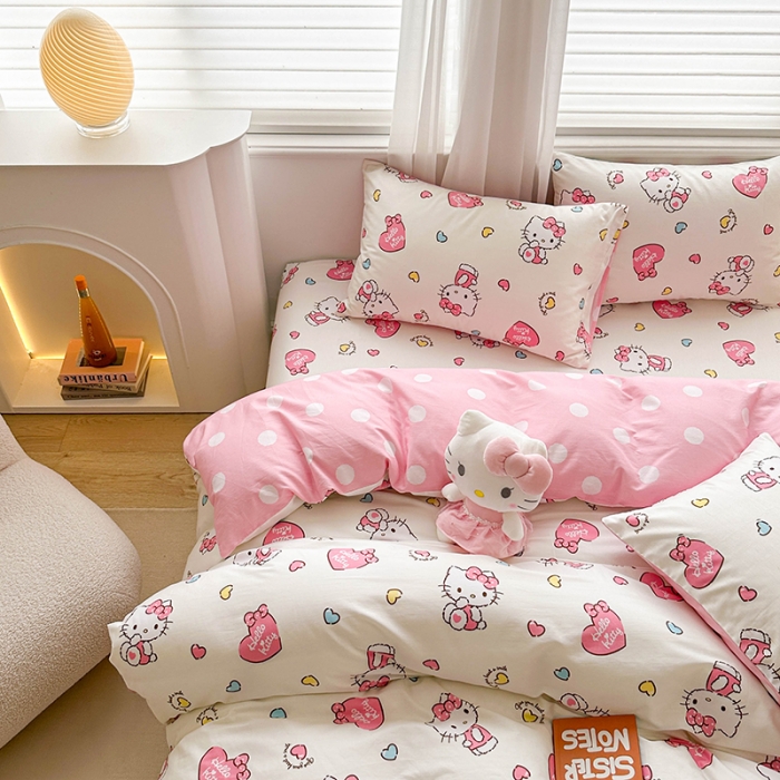 91家纺网 家纺一手货源 找家纺 爱丽丝 2024新款KT猫 三丽鸥全棉四件套套件系列 公主凯蒂