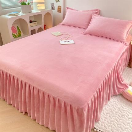 新款牛奶绒床裙床罩床单床盖床护垫套三件套 樱花粉