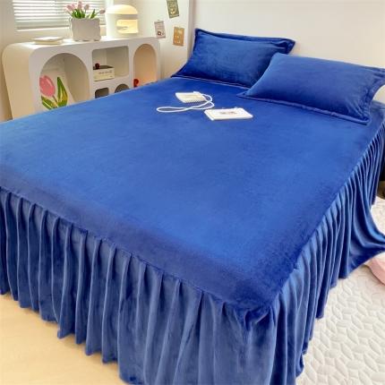 新款牛奶绒床裙床罩床单床盖床护垫套三件套 深海蓝