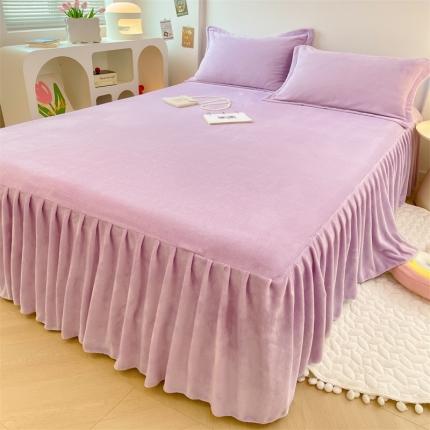 新款牛奶绒床裙床罩床单床盖床护垫套三件套 玫瑰紫
