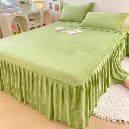 新款牛奶绒床裙床罩床单床盖床护垫套三件套 芥末绿