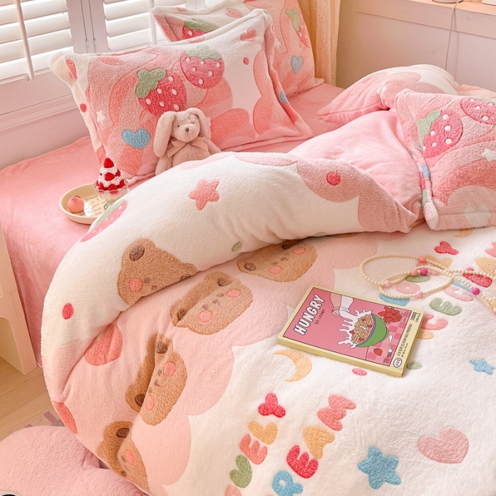 91家纺网 家纺一手货源 找家纺 川悦生活 2023新款立体雪花绒四件套 冰激凌小熊