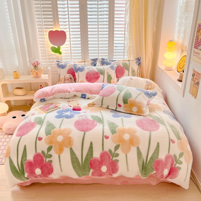 91家纺网 家纺一手货源 找家纺 川悦生活 2023新款立体雪花绒四件套 哈桑花-粉